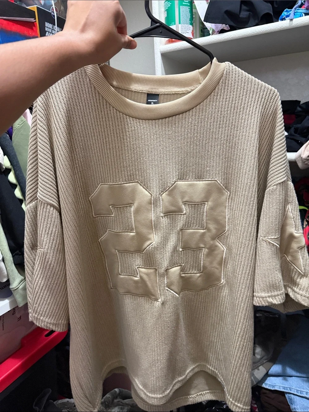 Crewneck Knit Sweater with Quilted '23' Applique - Cream